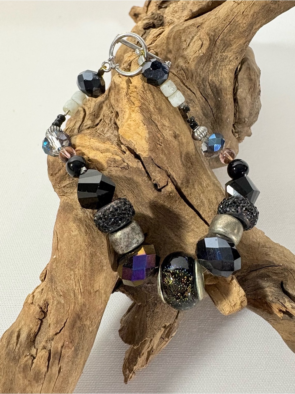 Beaded Charm Bracelet Black Crystal Glass Mixed Beads Boho Statement